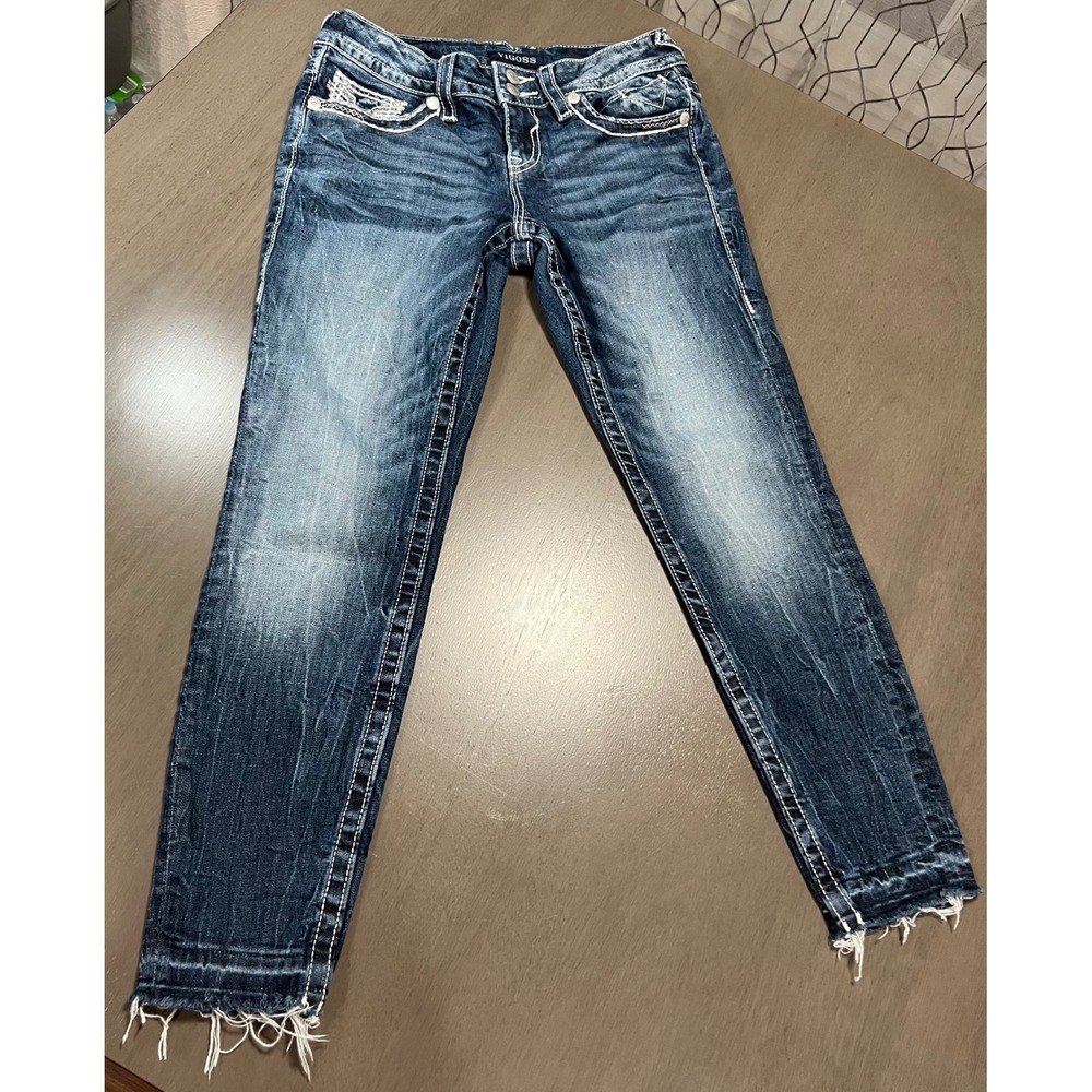 Vigoss The Dublin Skinny Jeans Dark Wash Embellished Pocket Frayed Hem Size 5/6
